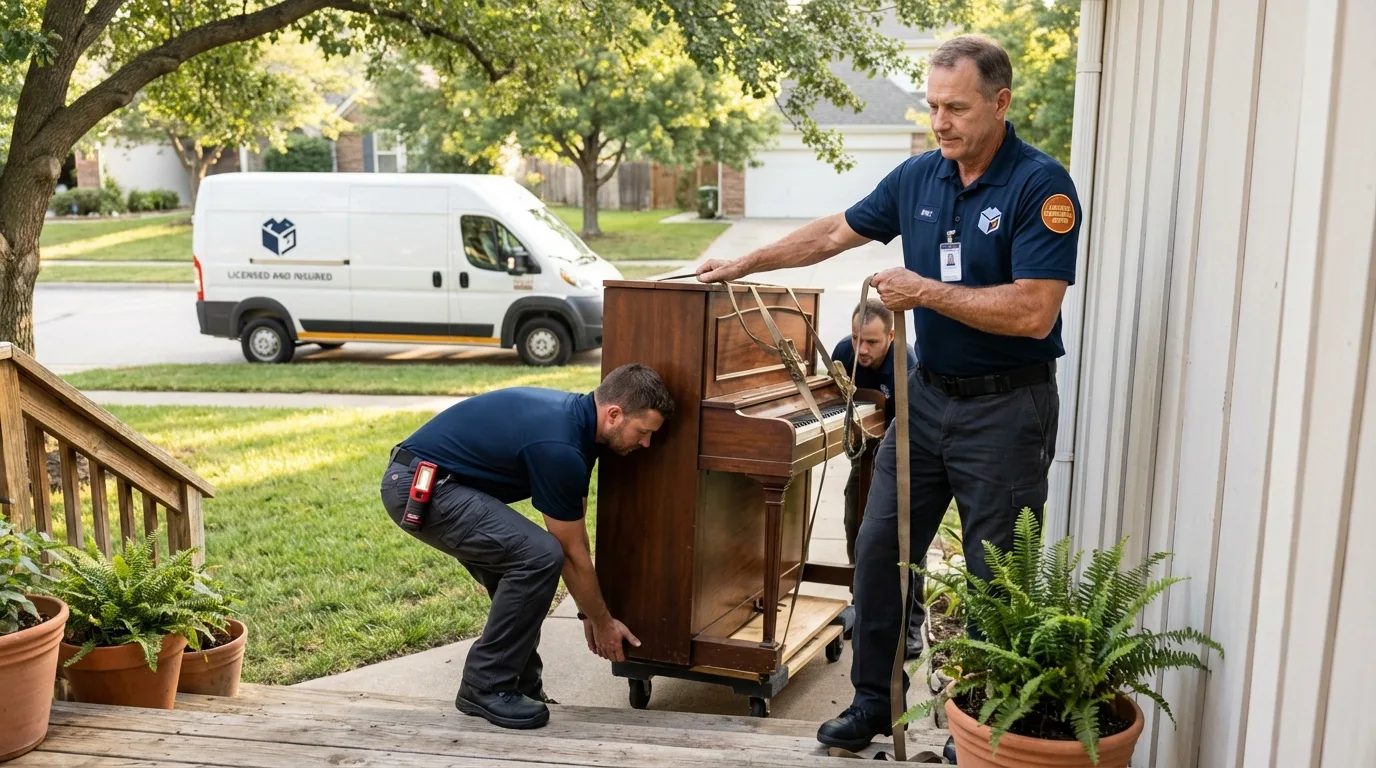 Licensed piano movers securing grand piano in Great Barrington, MA