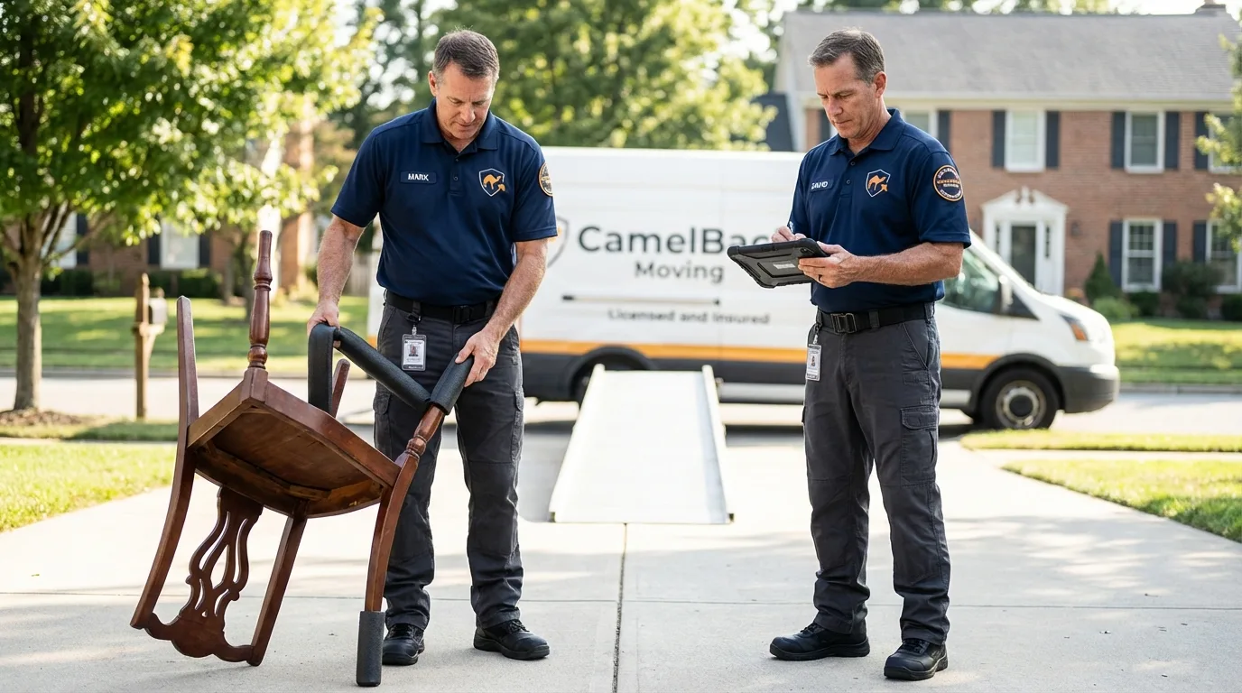 Movers inspecting furniture for damage prevention before loading in Great Barrington, MA