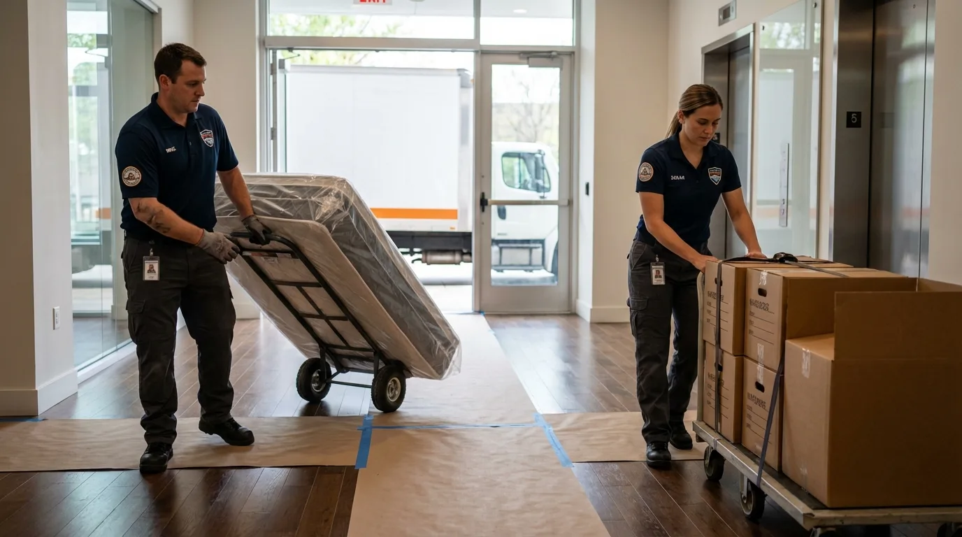 Professional apartment movers loading elevator in Great Barrington, MA