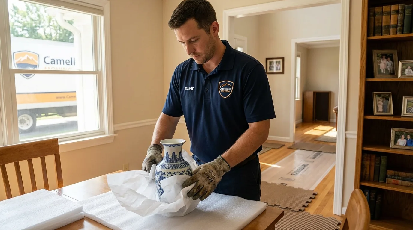 Professional crew carefully wrapping antique vase for senior downsizing move in Great Barrington, MA